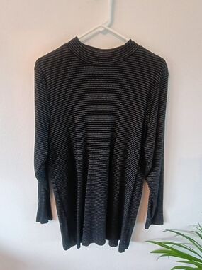 CJ Banks 1X Black Silver Metallic Stripe Mock Neck Long Sleeve Knit Tunic Top